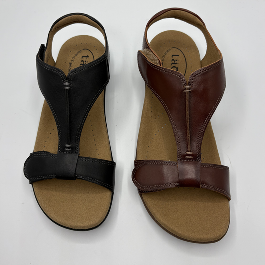 Pair of black and brown sandals on a white background