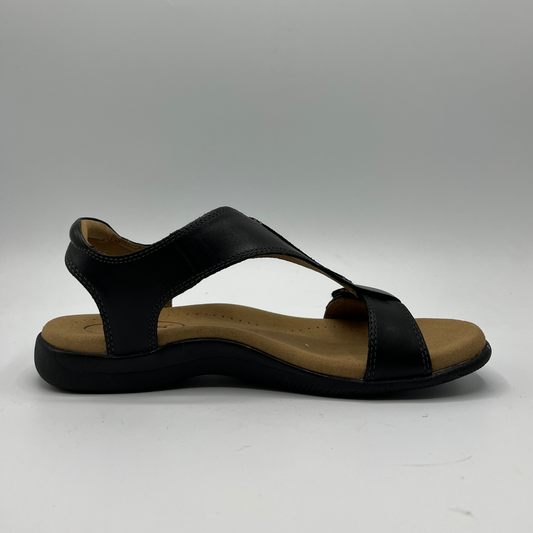 Right facing view of a black leather strapped sandal with an embossed microfibre footbed and flexible rubber outsole.