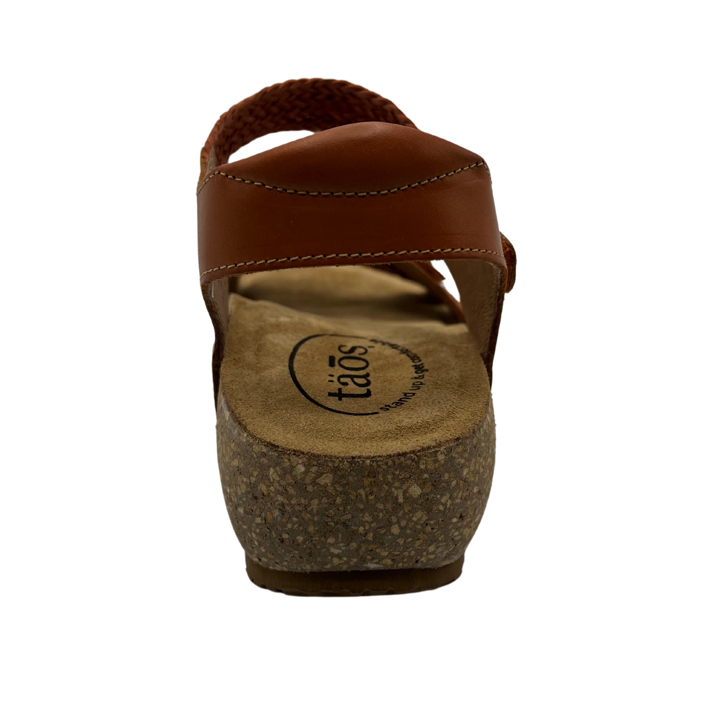 Back view of braided leather strapped sandal with contoured cork footbed covered with suede