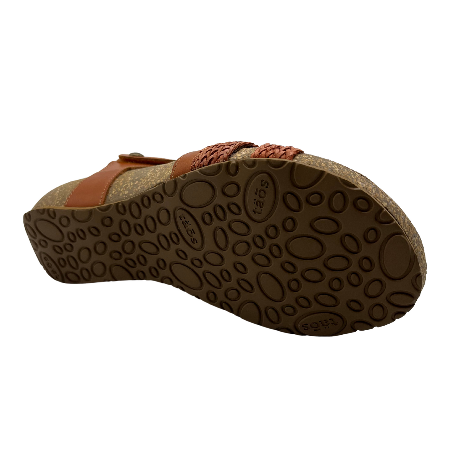 Bottom view of braided leather strapped sandal with contoured cork footbed covered with suede