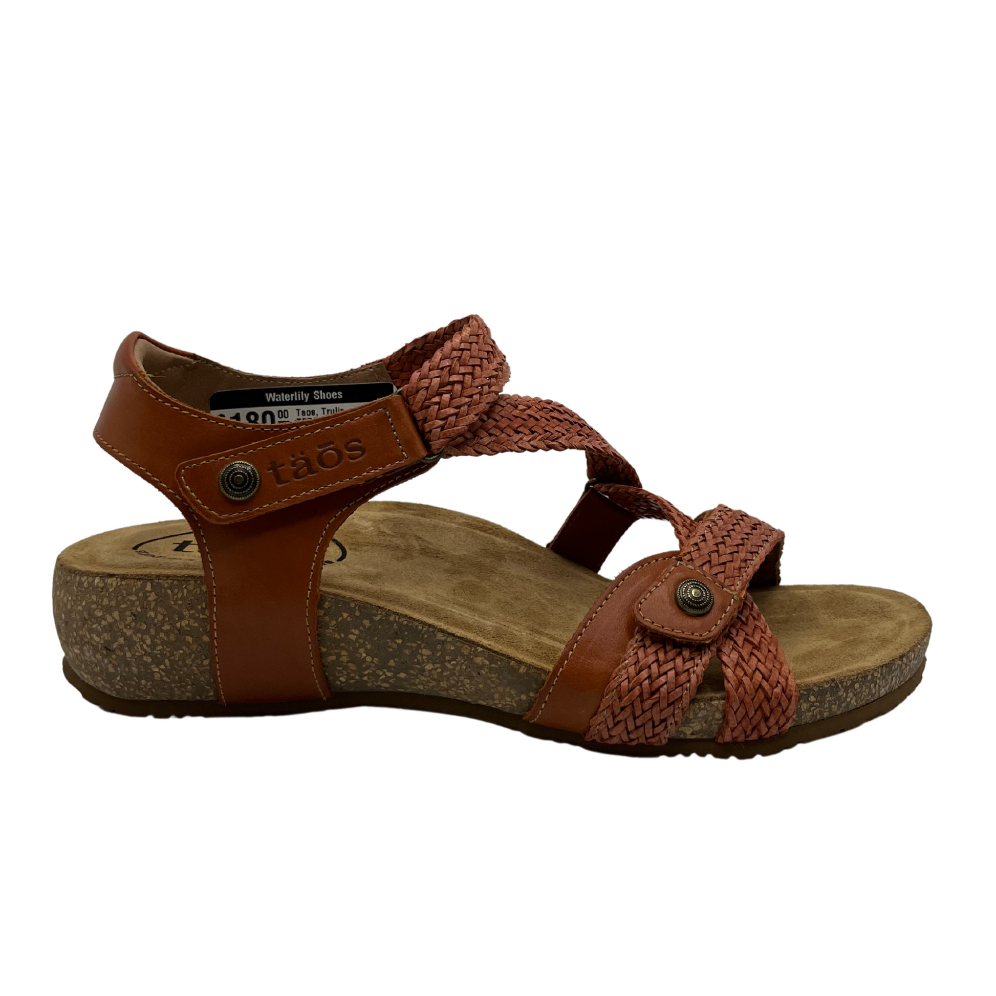 Right facing view of braided leather strapped sandal with contoured cork footbed covered with suede