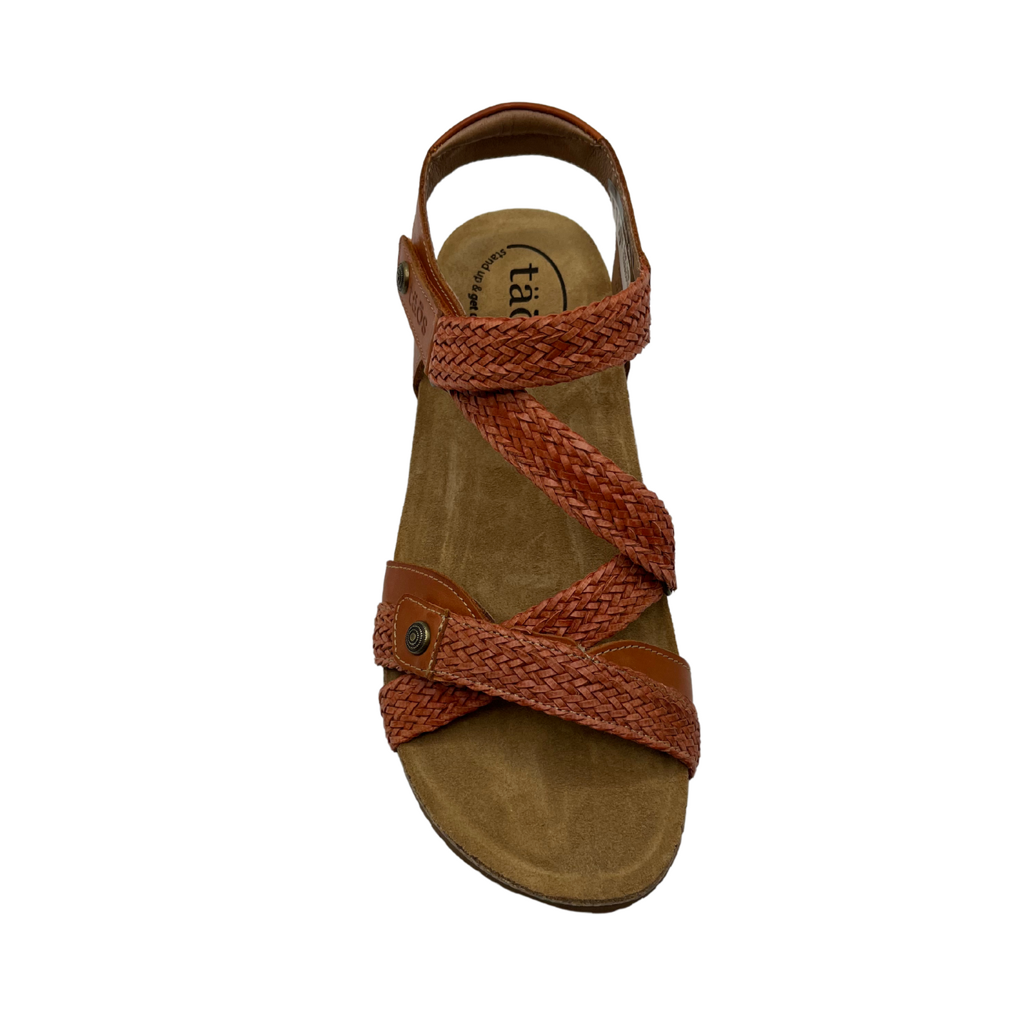 Top view of braided leather strapped sandal with contoured cork footbed covered with suede