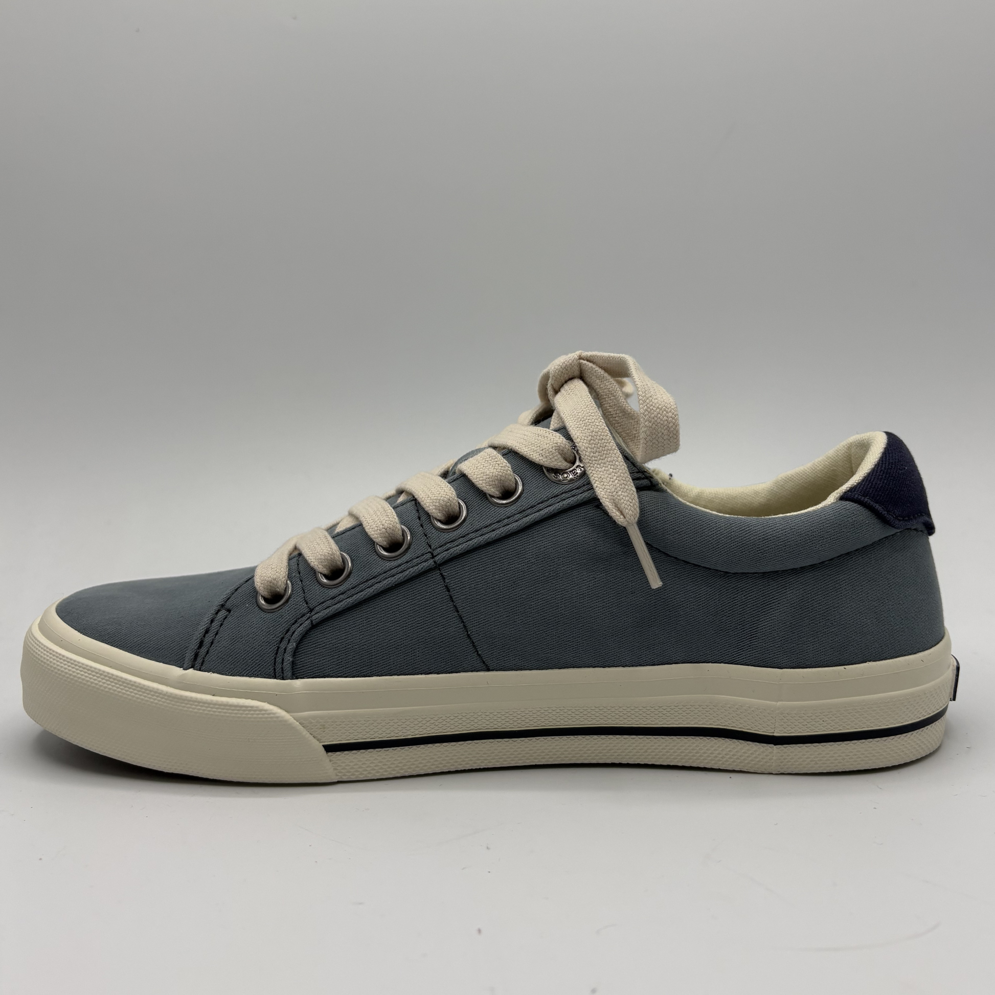 Gray sneaker with beige laces on a gray background