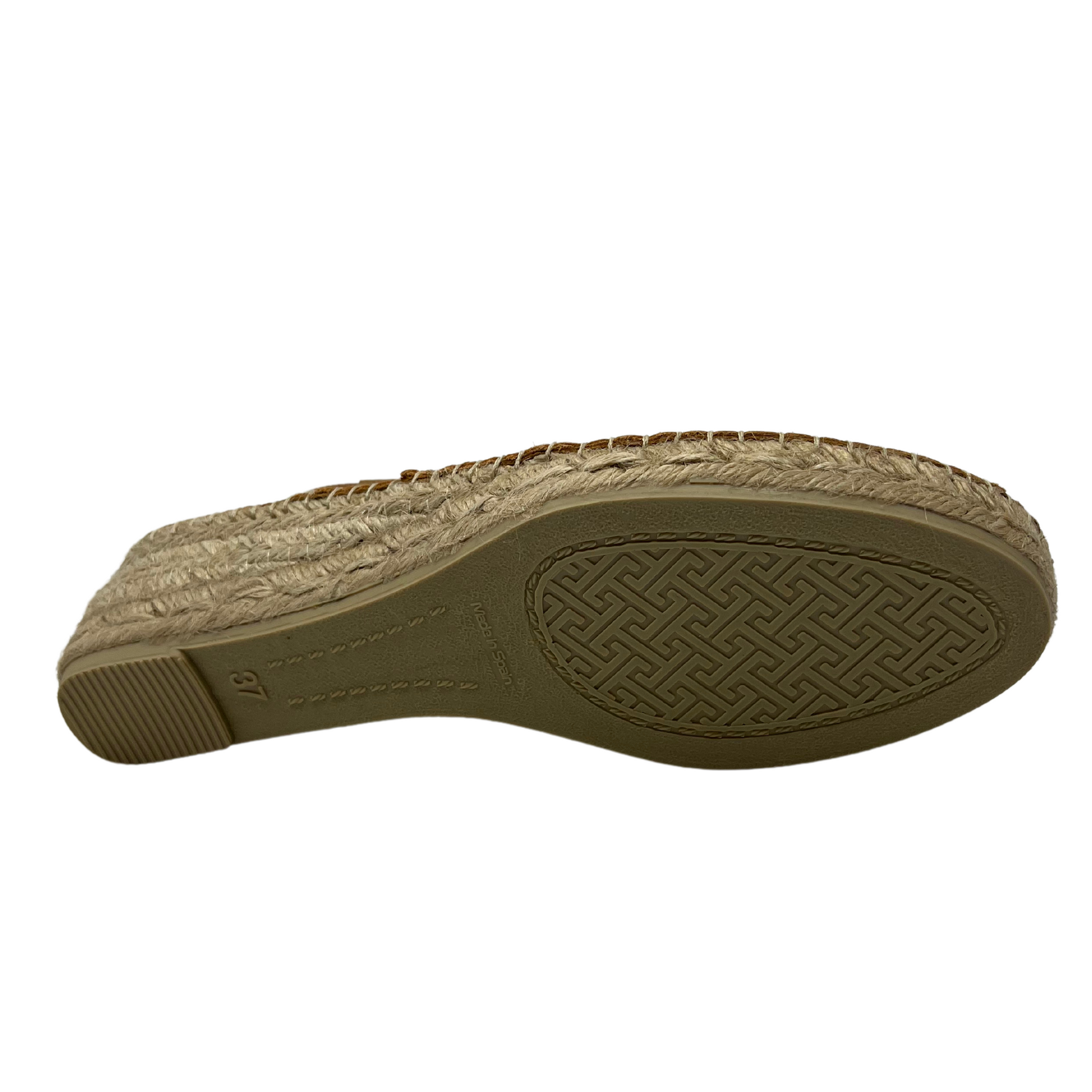 Bottom view of leather espadrille sandal with low wedge heel