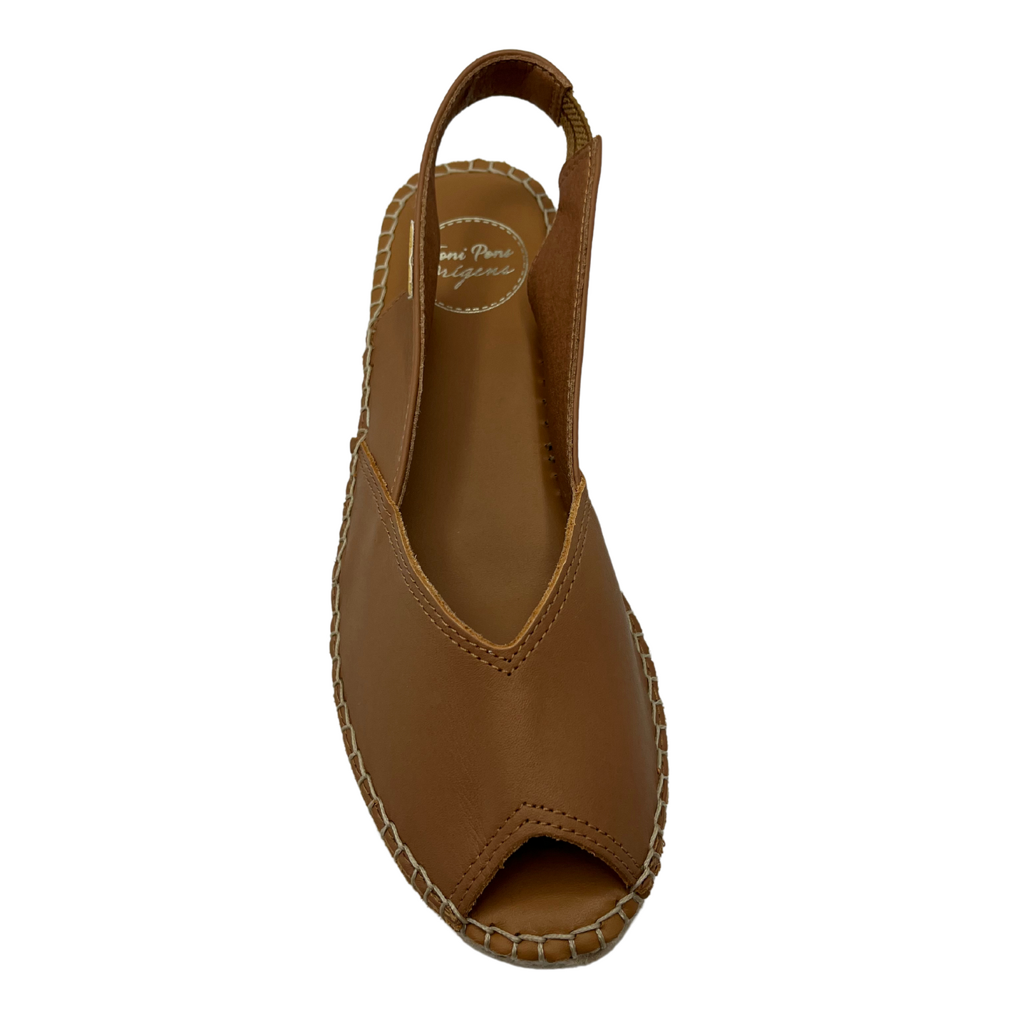 Top view of tan leather espadrille sandal with peep toe and sling back