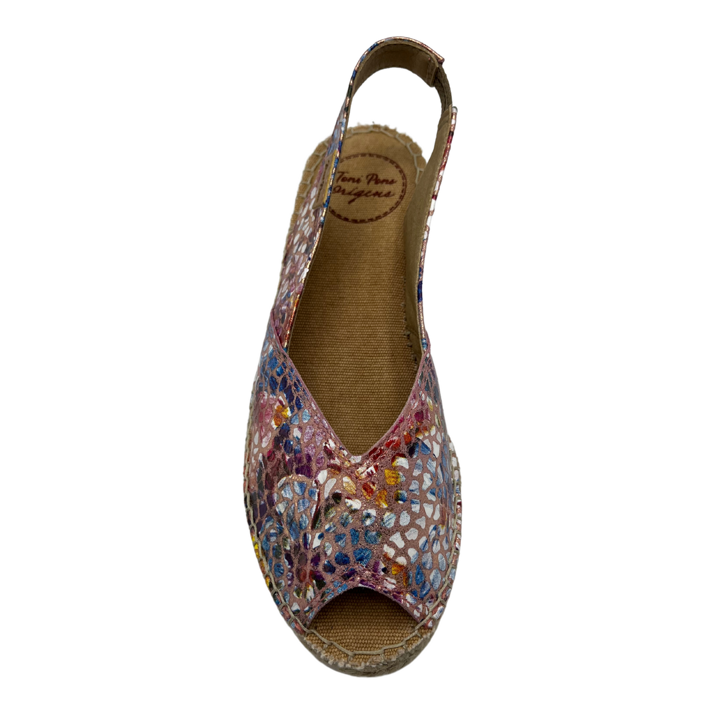 Top view of colourful leather upper espadrille shoe with sling back strap and slight wedge heel.