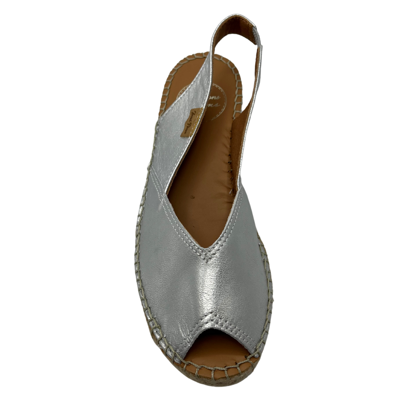 Top view of silver leather espadrille sandal with peep toe and slingback