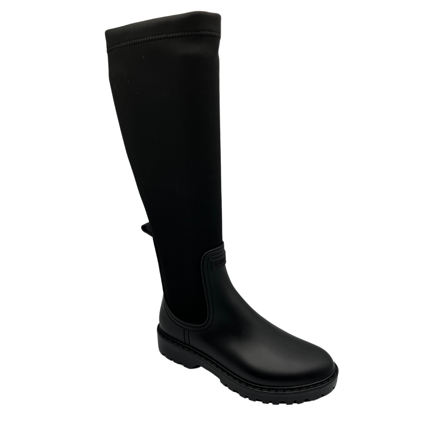 45 degree angled view of black rubber and lycra tall boot with rounded toe and black rubber outsole