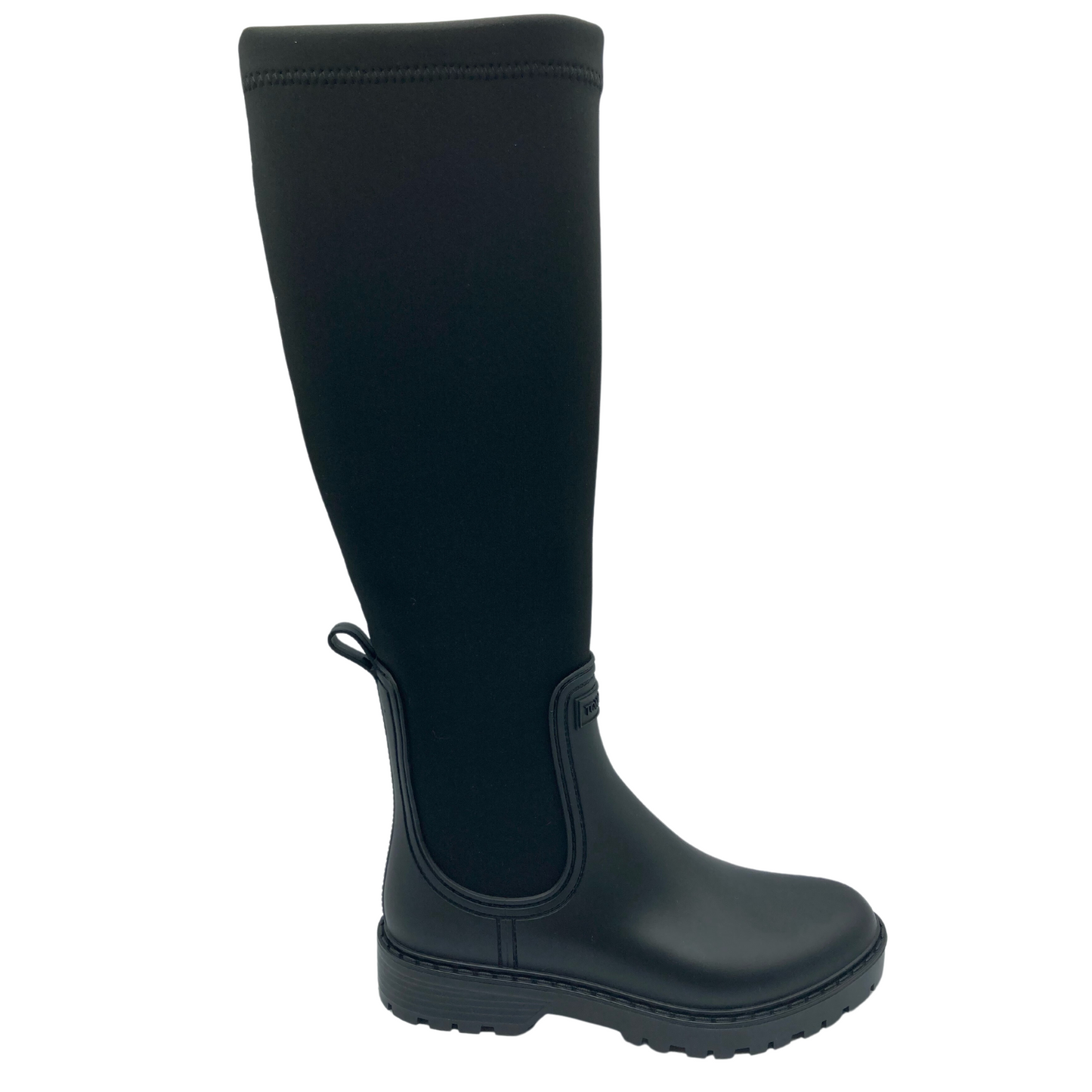 Right facing view of tall black waterproof boot with rubber sole and upper with lycra shaft