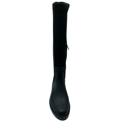Front view of black rubber and lycra tall boot with side zipper closure