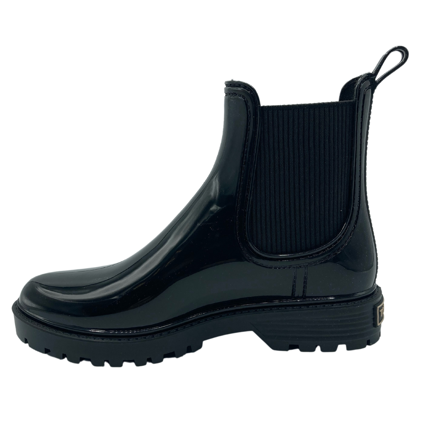 Left facing view of glossy black short boot with black rubber outsole