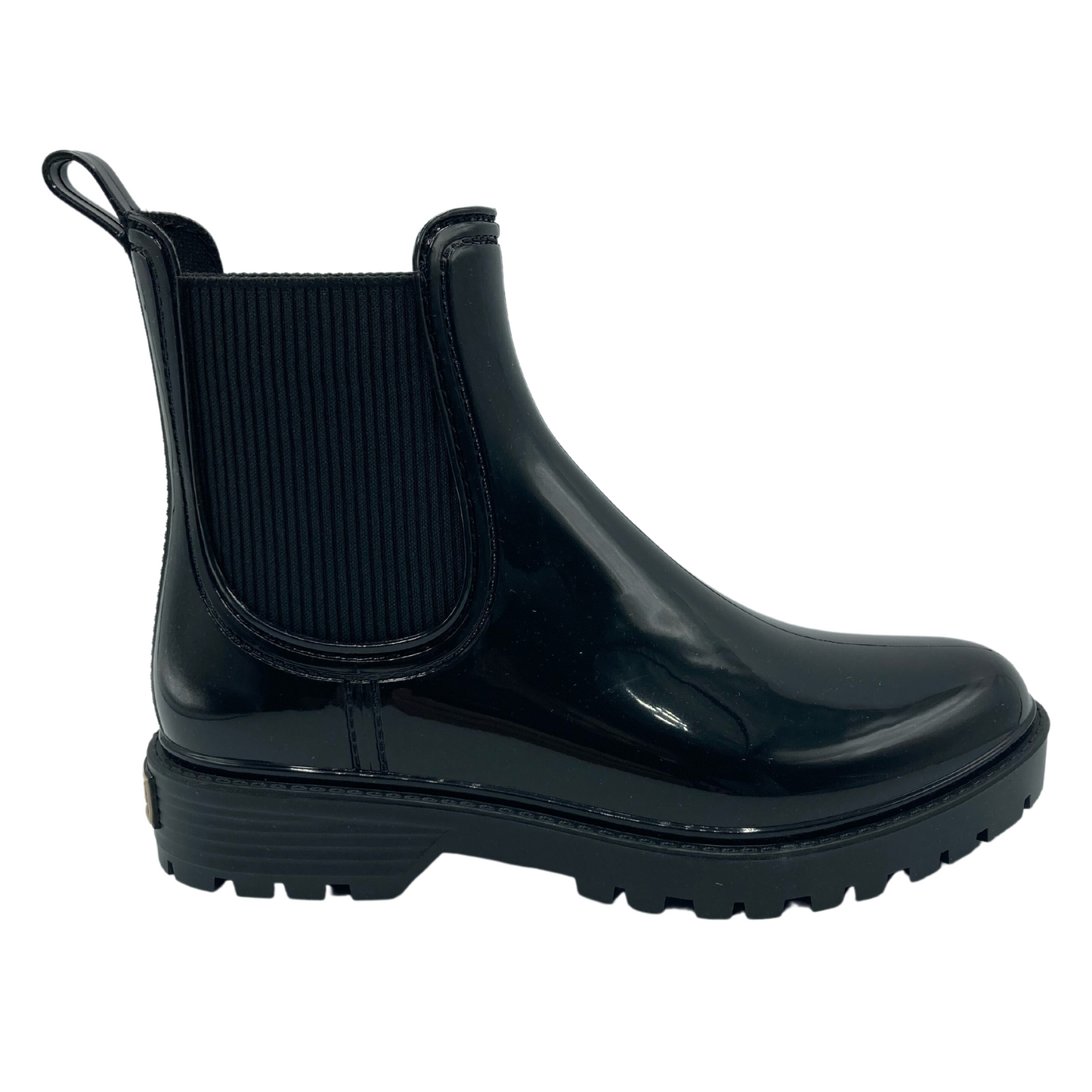 Right facing view of glossy black chelsea boot with black rubber outsole and elastic sides