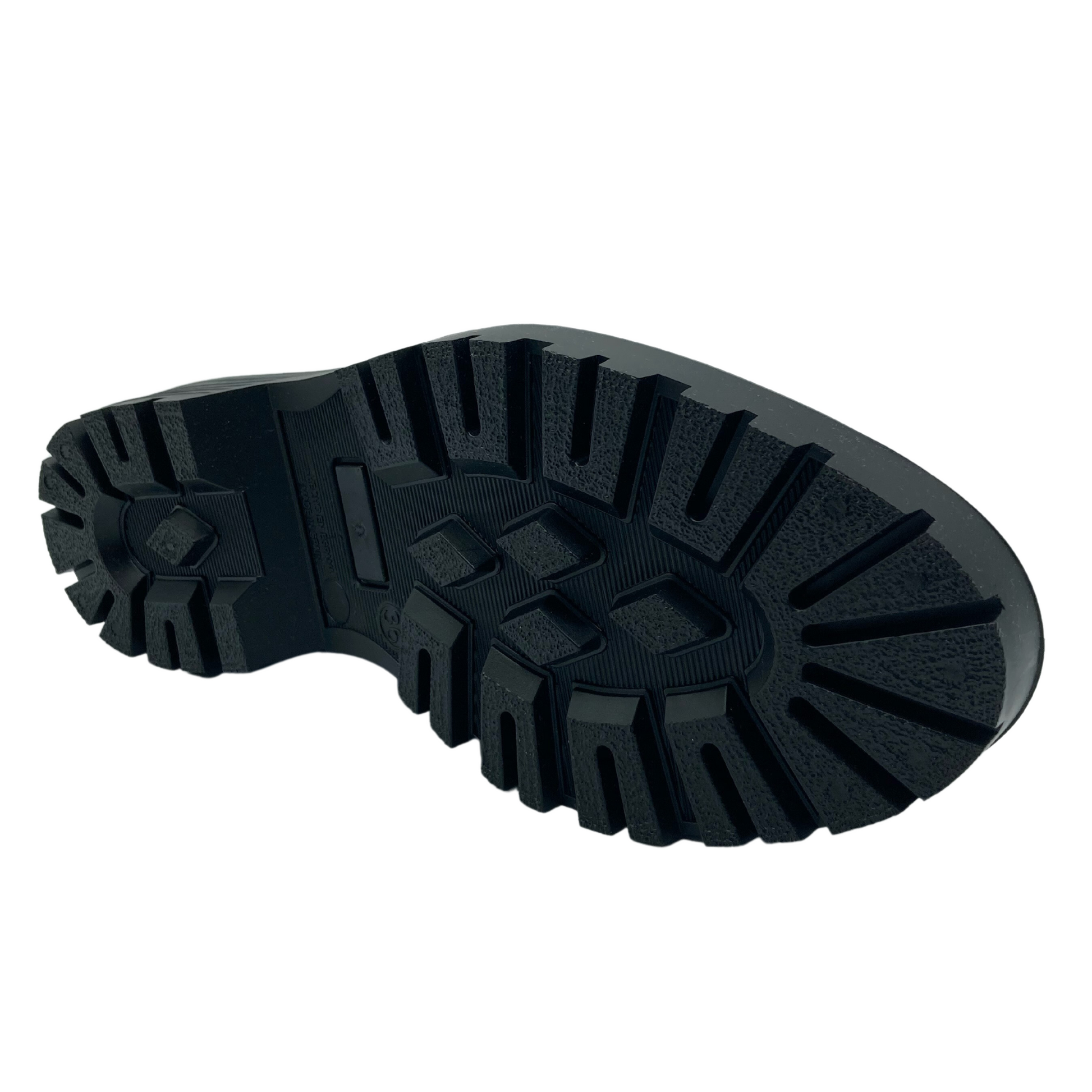 Bottom view of short rain boot with black slip resistant rubber sole