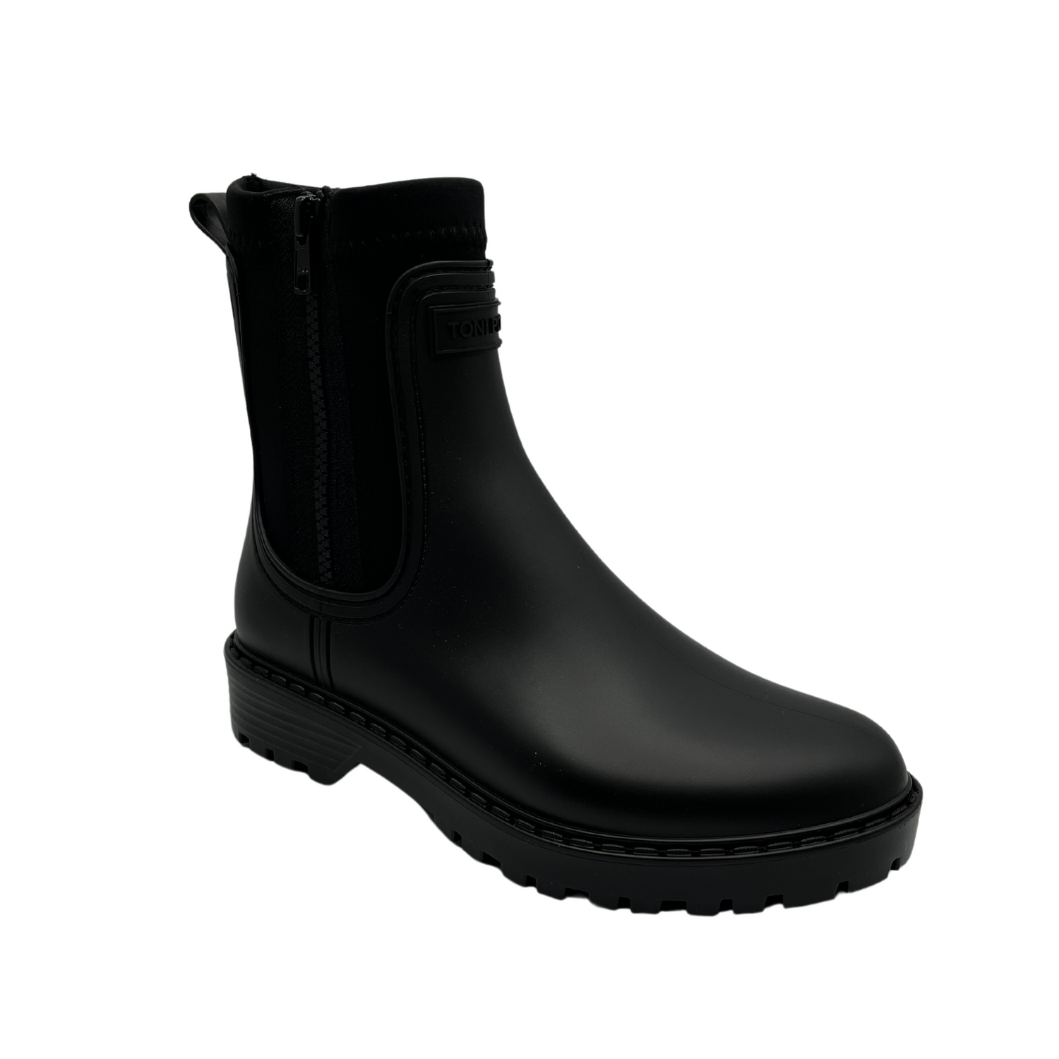 45 degree angled view of rubber and neoprene ankle boot. Black upper and matching black rubber outsole.