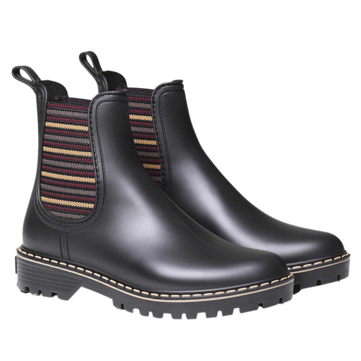 Right facing view of a pair of short black rain boots with red, beige and grey striped elastic side gores