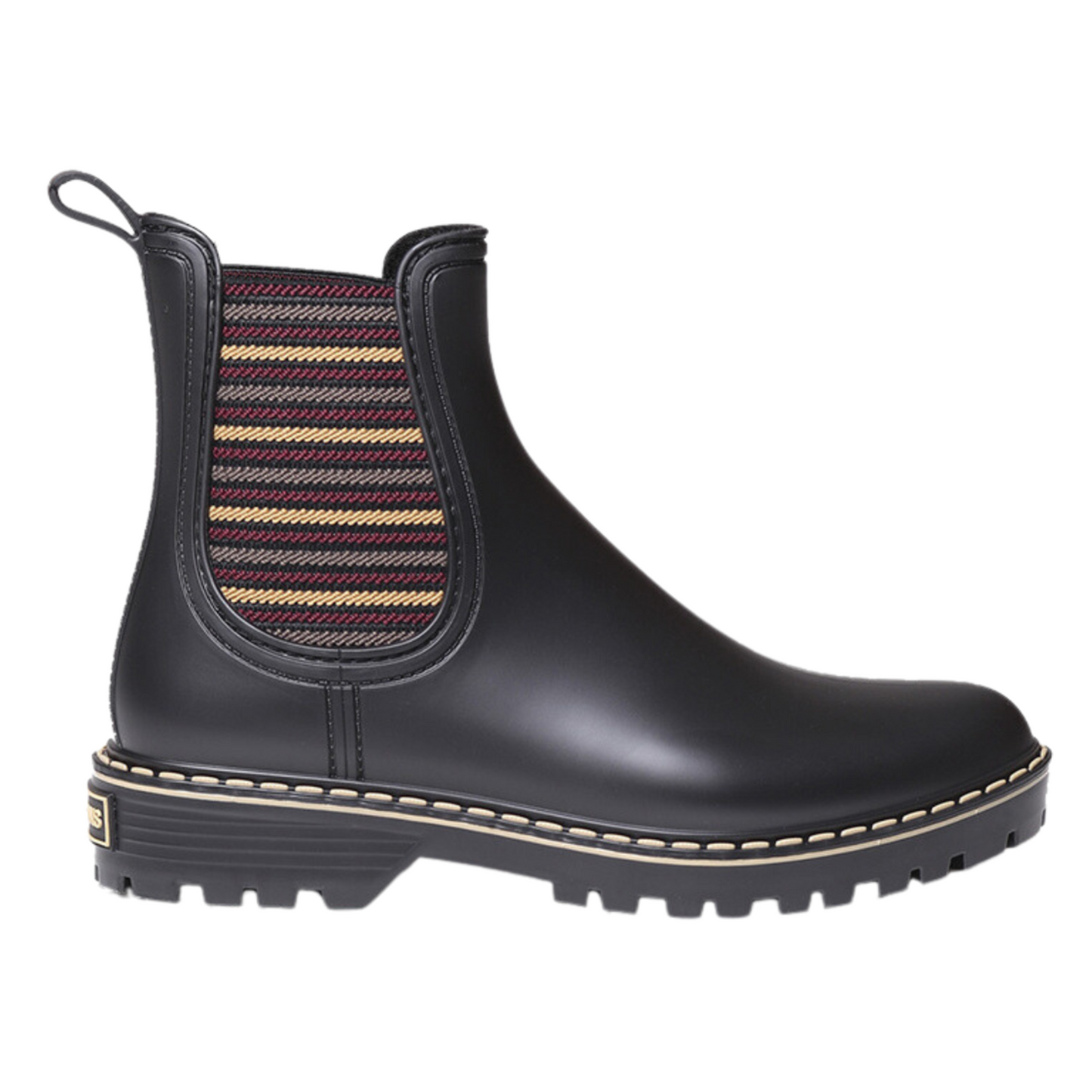 Right facing view of short black rain boot with elastic side gores and black rubber outsole