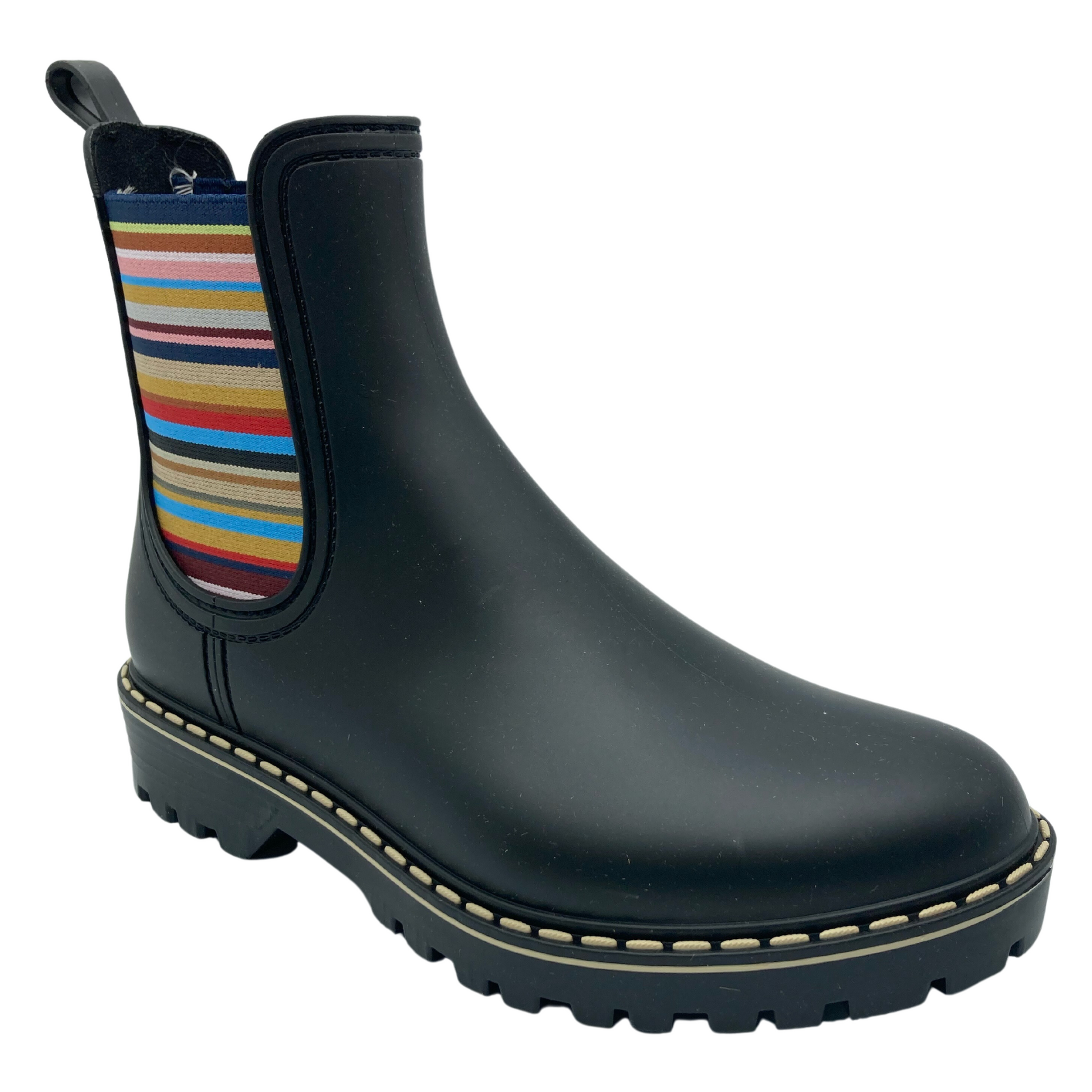 45 degree angled view of black short boot with multicoloured elastic side gore and black rubber outsole