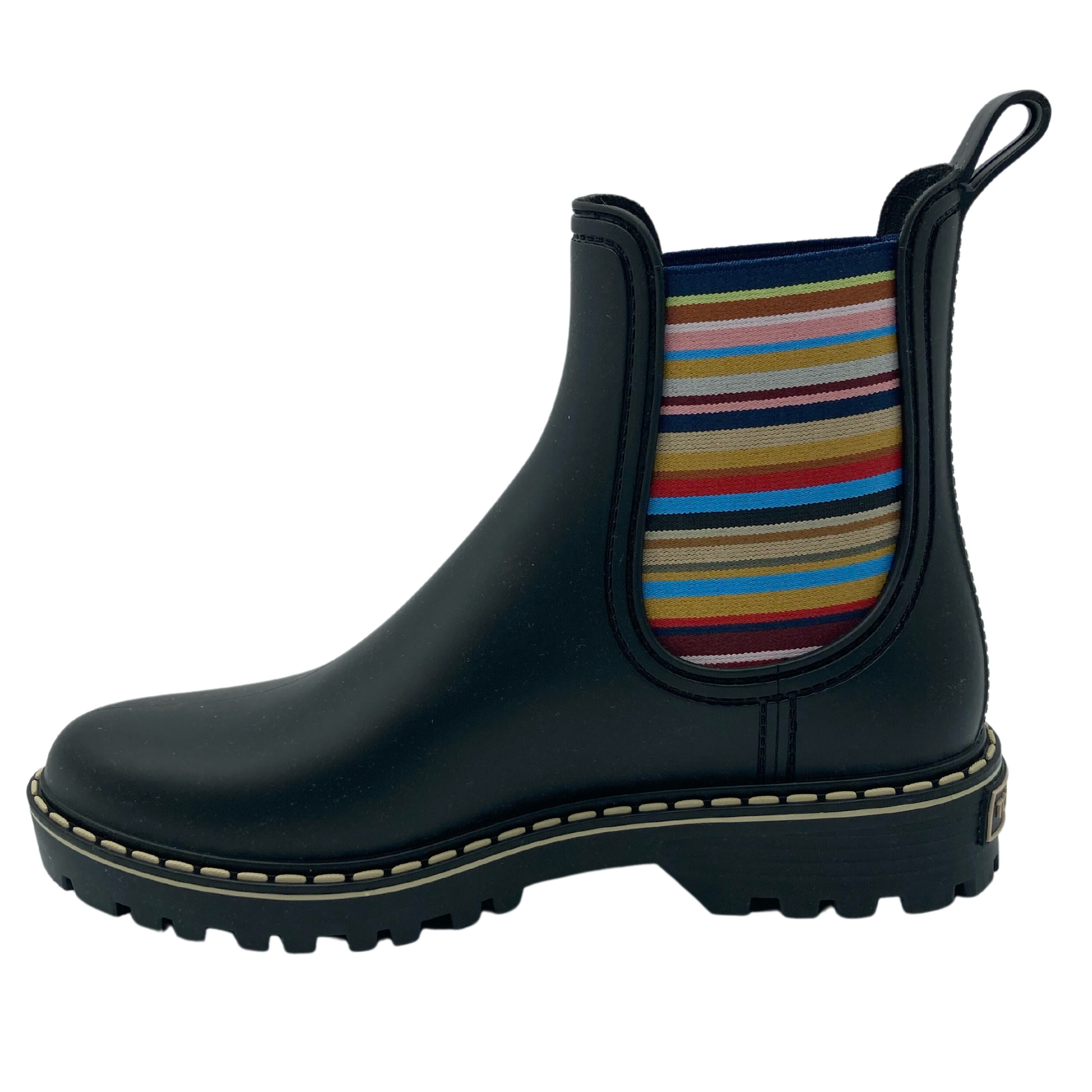 Left facing view of black rain boot with black rubber outsole and multicoloured elastic side gore