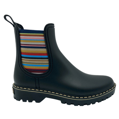 Right facing view of short waterproof rain boot with black rubber outsole and multicoloured elastic side gore