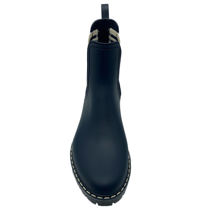 Top view of short navy rain boot with white and navy elastic side gores and black rubber outsole