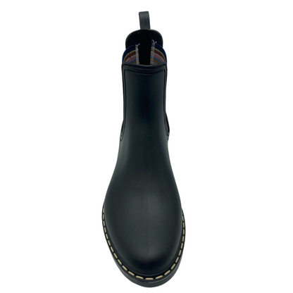 Top view of short black rain boot with black rubber outsole and elastic side gores