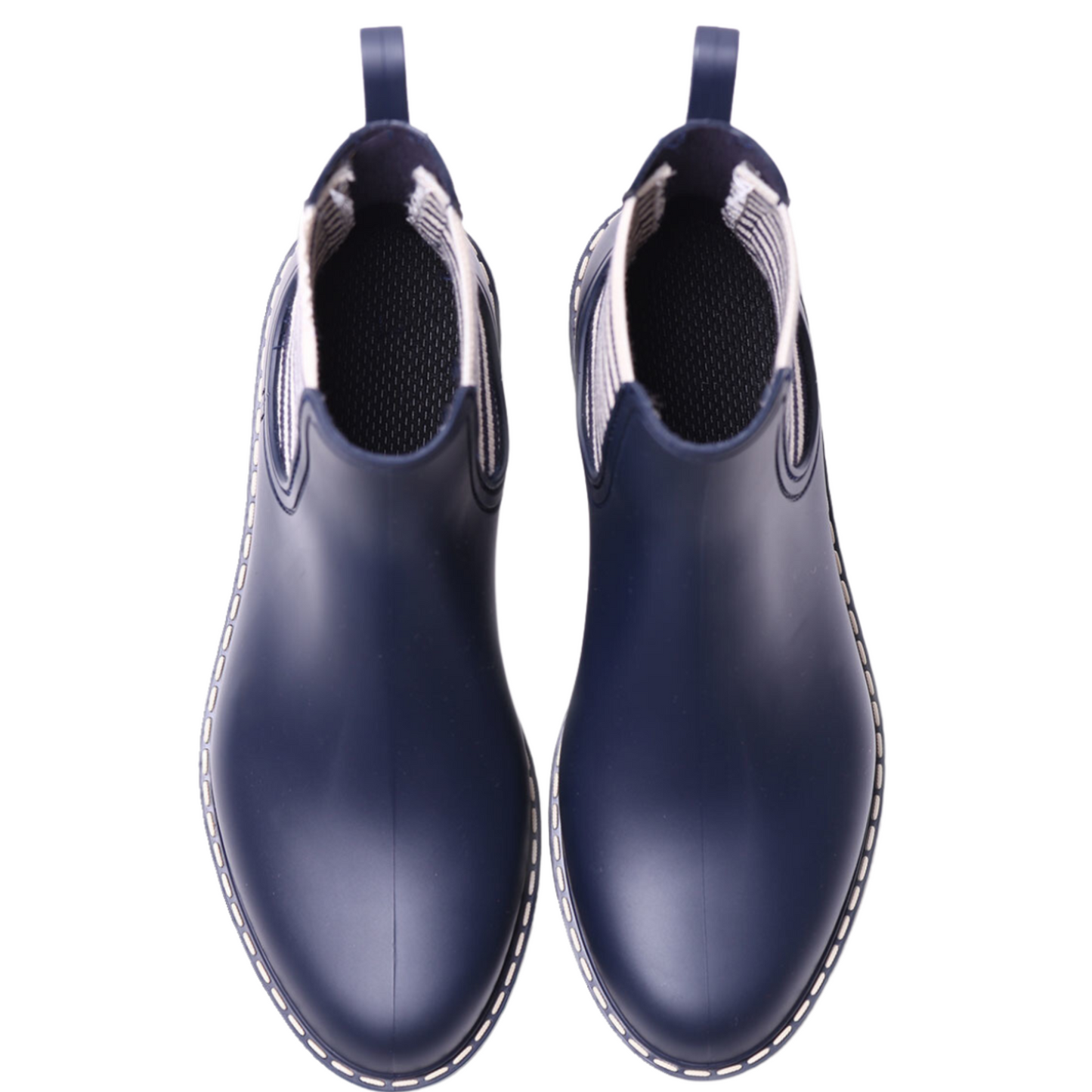 Top view of pair of short navy rain boots with elastic side gores and pull on tabs