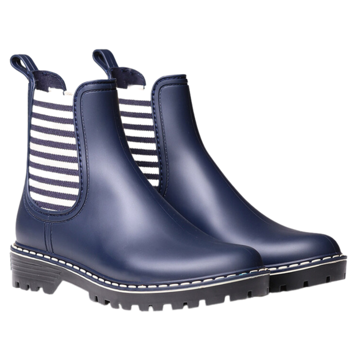 45 degree angled view of pair of short navy rain boots with striped elastic side gores