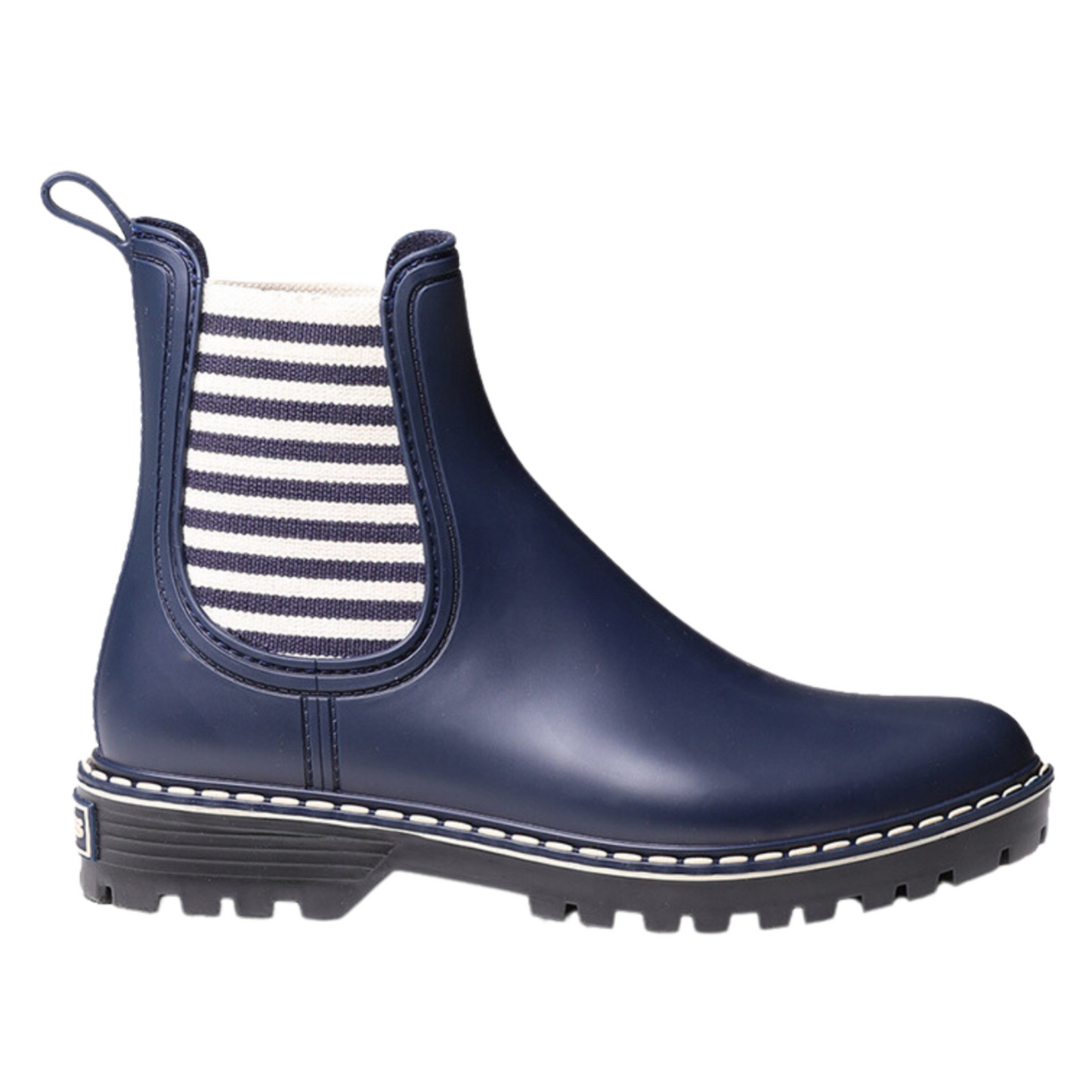 Right facing view of short navy rain boot with navy and white striped elastic side gores and black rubber outsole