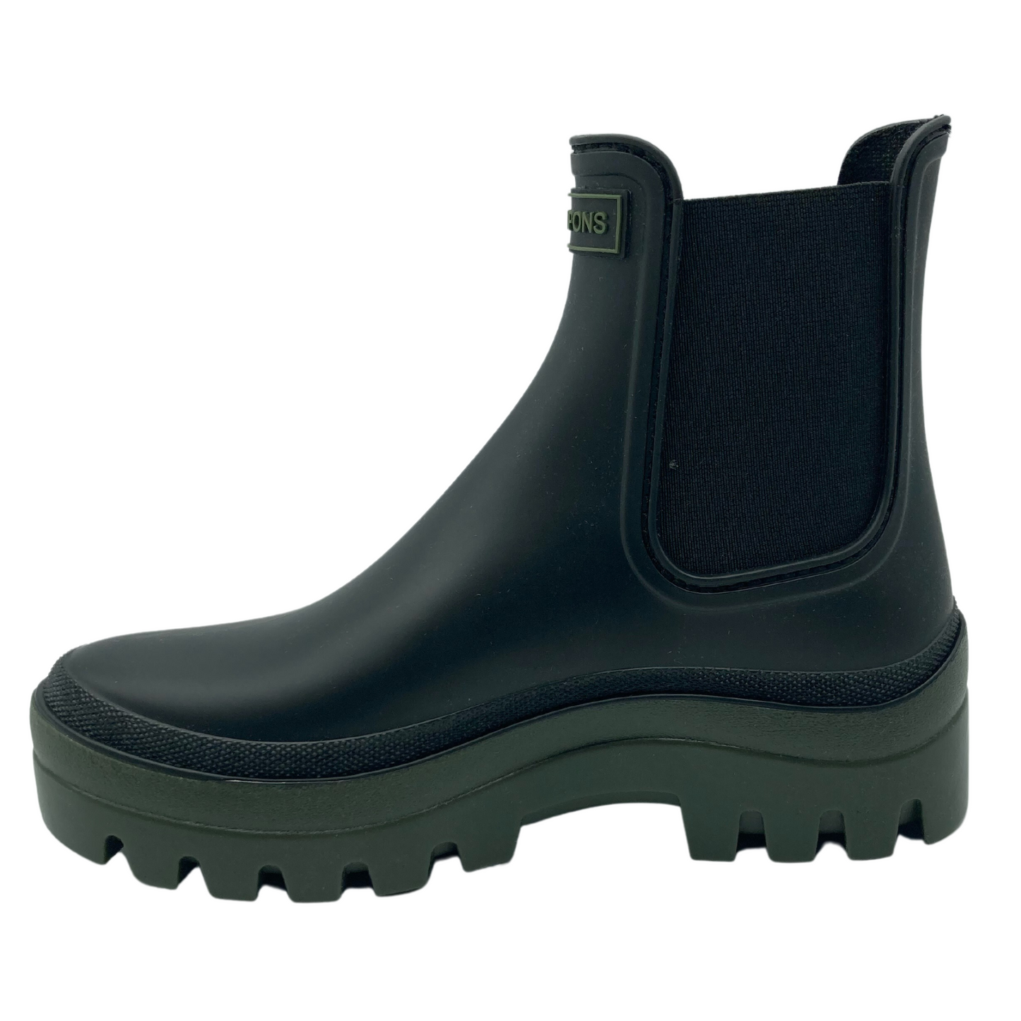 Left facing view of black waterproof short boot with khaki platform sole and elastic sides