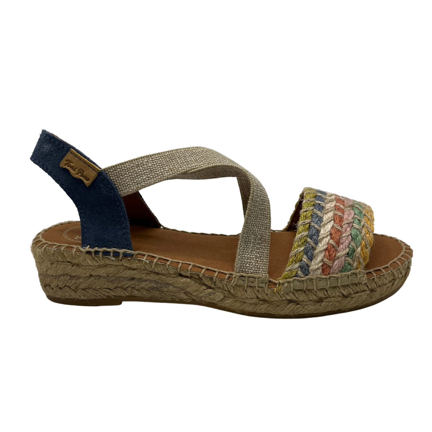 Right facing view of women's espadrille with non-slip rubber bottom and hand stitched details.