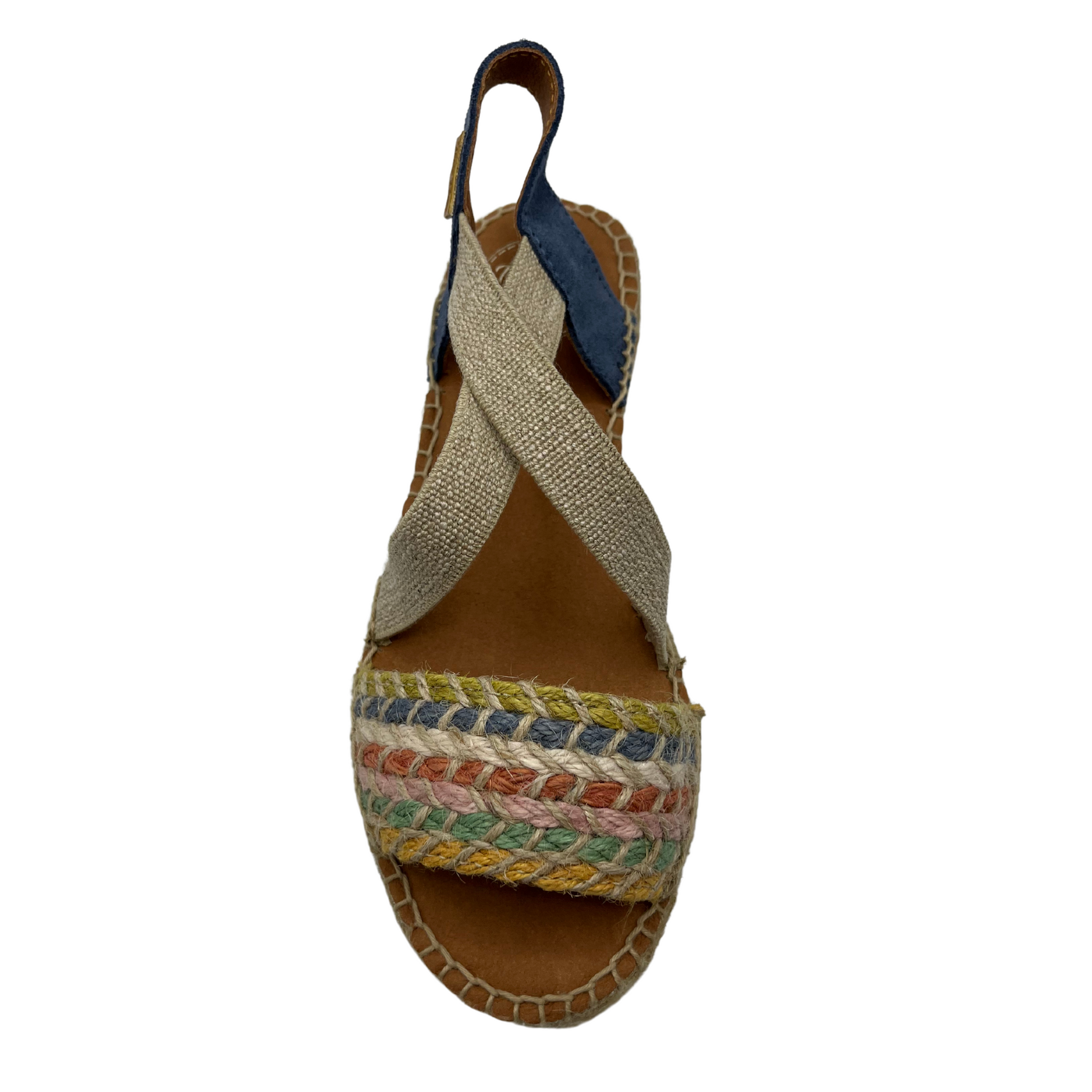 Top view of women's espadrille with non-slip rubber bottom and hand stitched details.