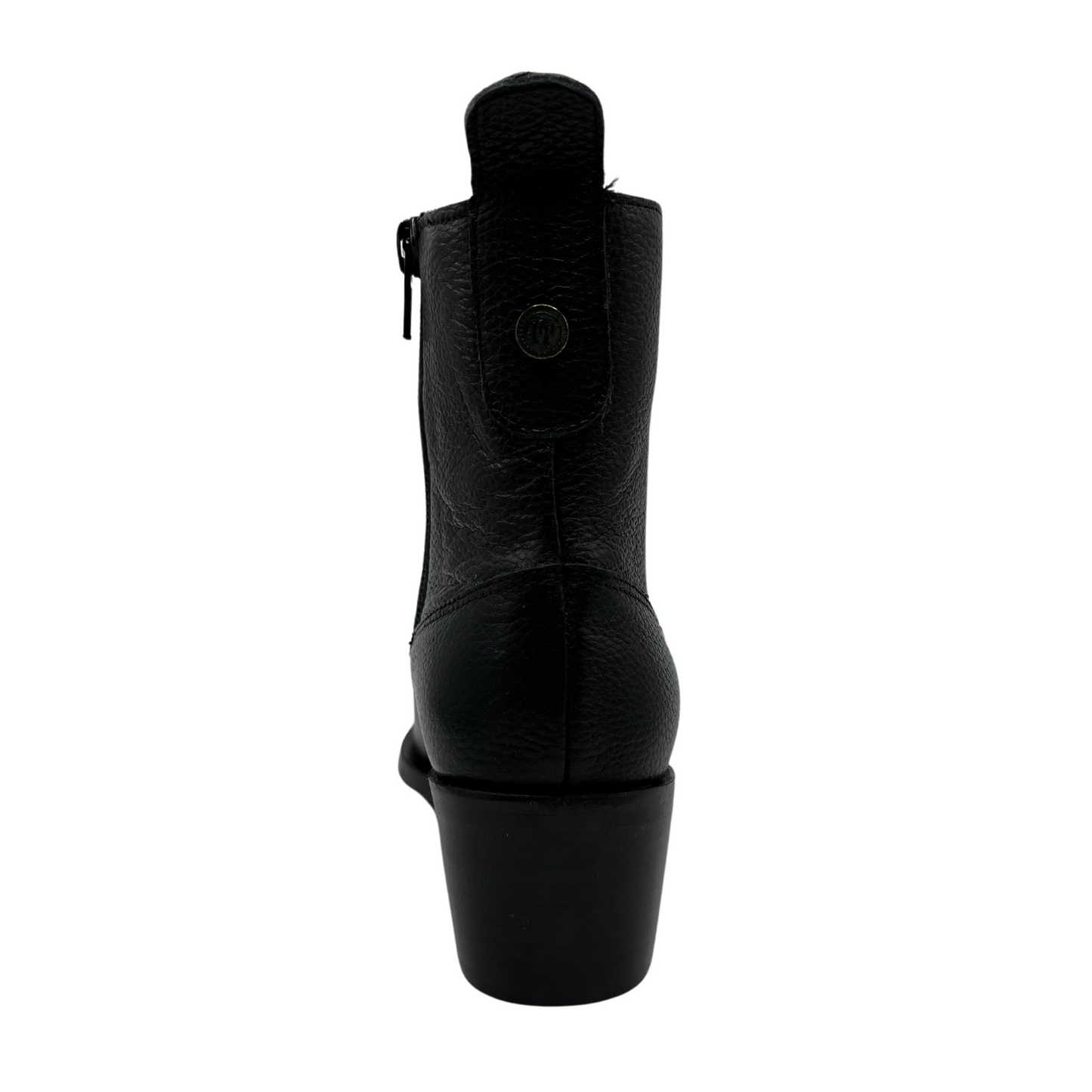 Back facing view of black leather ankle boot with pointed toe and block heel