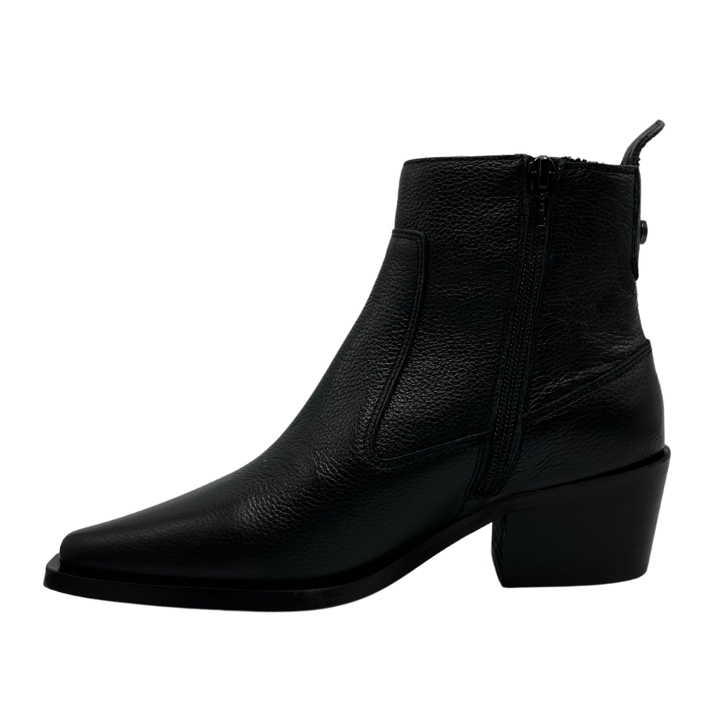 Left facing view of black leather ankle boot with pointed toe and block heel