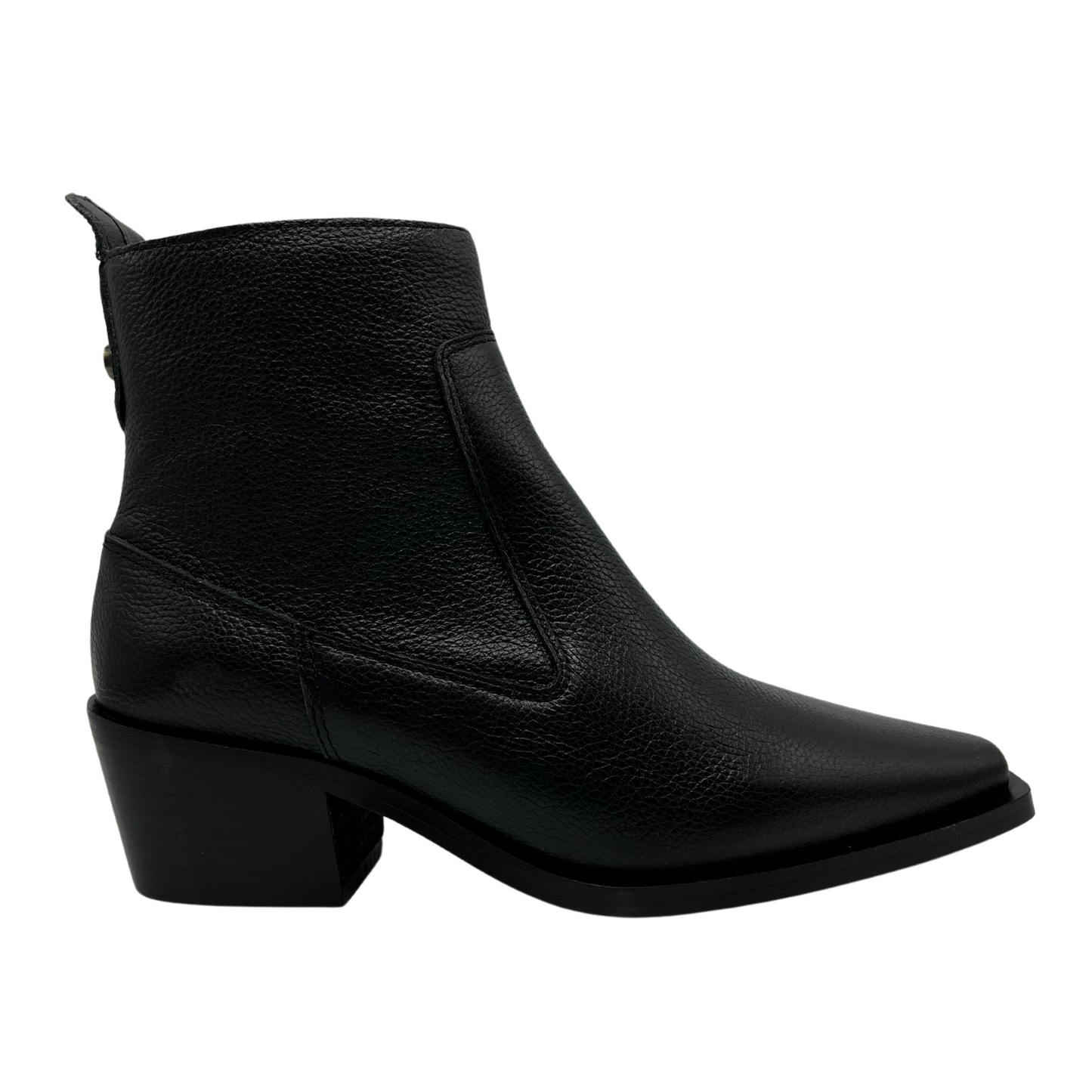 Right facing view of black leather ankle boot with pointed toe and block heel