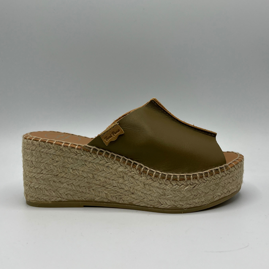 Right facing view of a khaki leather espadrille sandal with wedge heel and stitching round sole