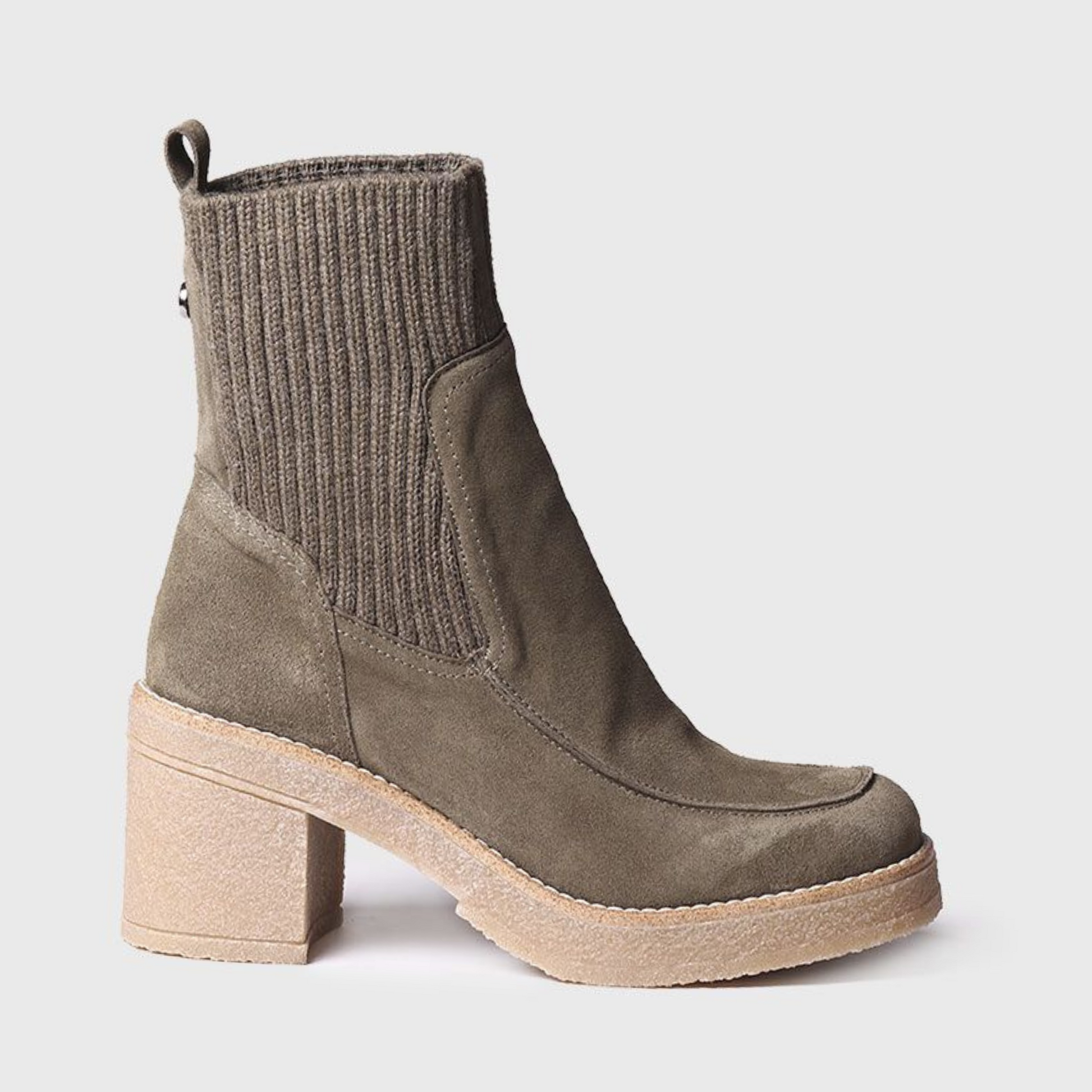 Right facing view of army green short boot with beige chunky heel