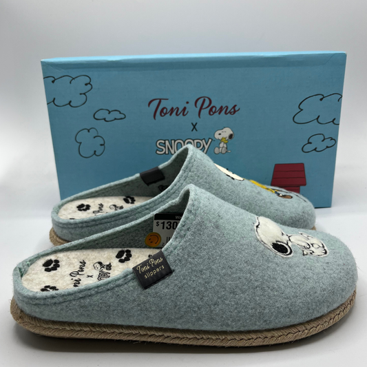 Pair of blue slippers with Snoopy design on a white background