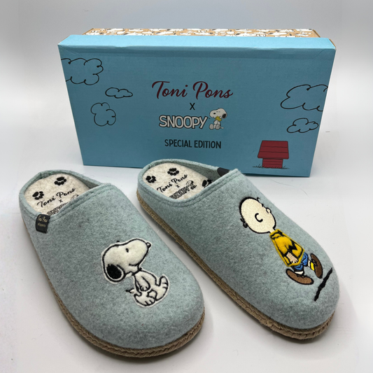 Gray slippers with Snoopy and Charlie design on a white background, featuring a blue box labeled 'Toni Pons x Snoopy'.