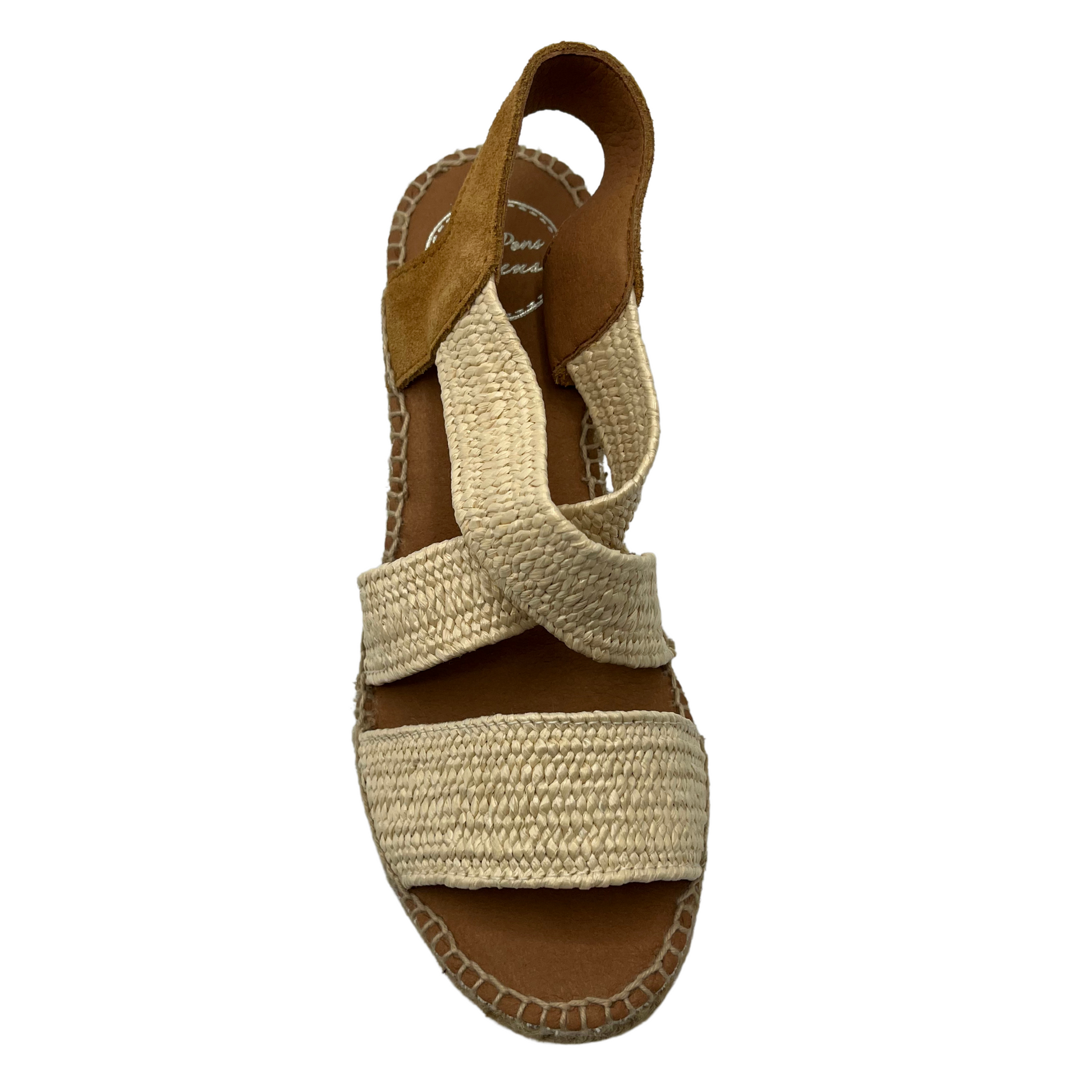 Top view of wedge heeled sandal with cross over straps and suede sling back