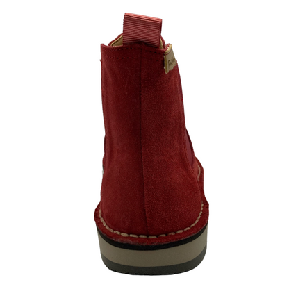 Heel view of red leather short boot with red pull on tab and 1 inch platform
