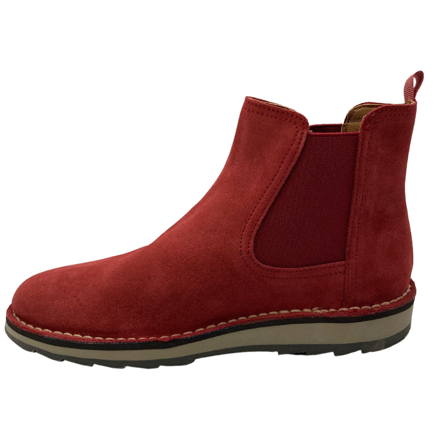 Left facing profile view of short red leather boot with cream coloured stitching around shoe