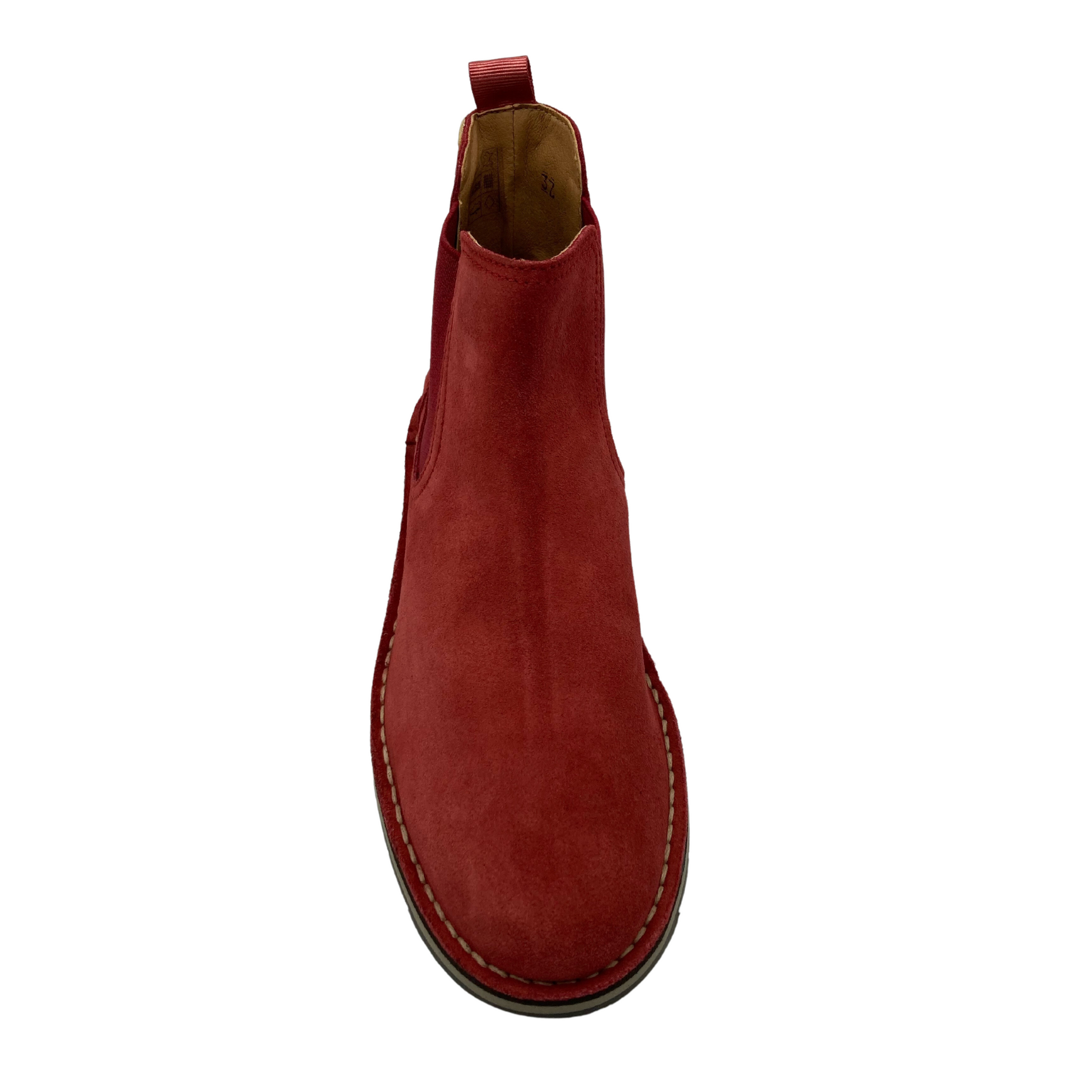Top view of short red boot with rounded toe and cream coloured stitching around foot