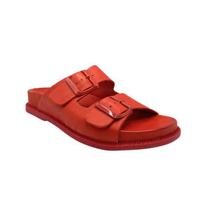 Angled front view of a red leather sandal.  Simple design with 2 straps, open toe and heel