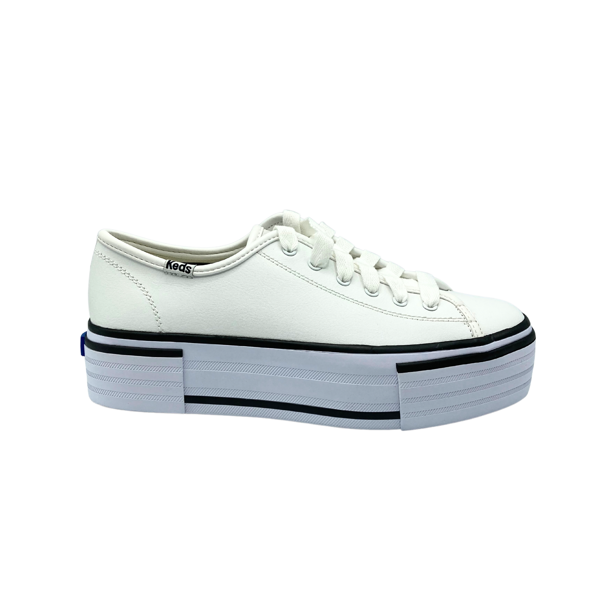 Outside view of a white leather sneaker with white laces.  Rubber platform sole with dark stripe details