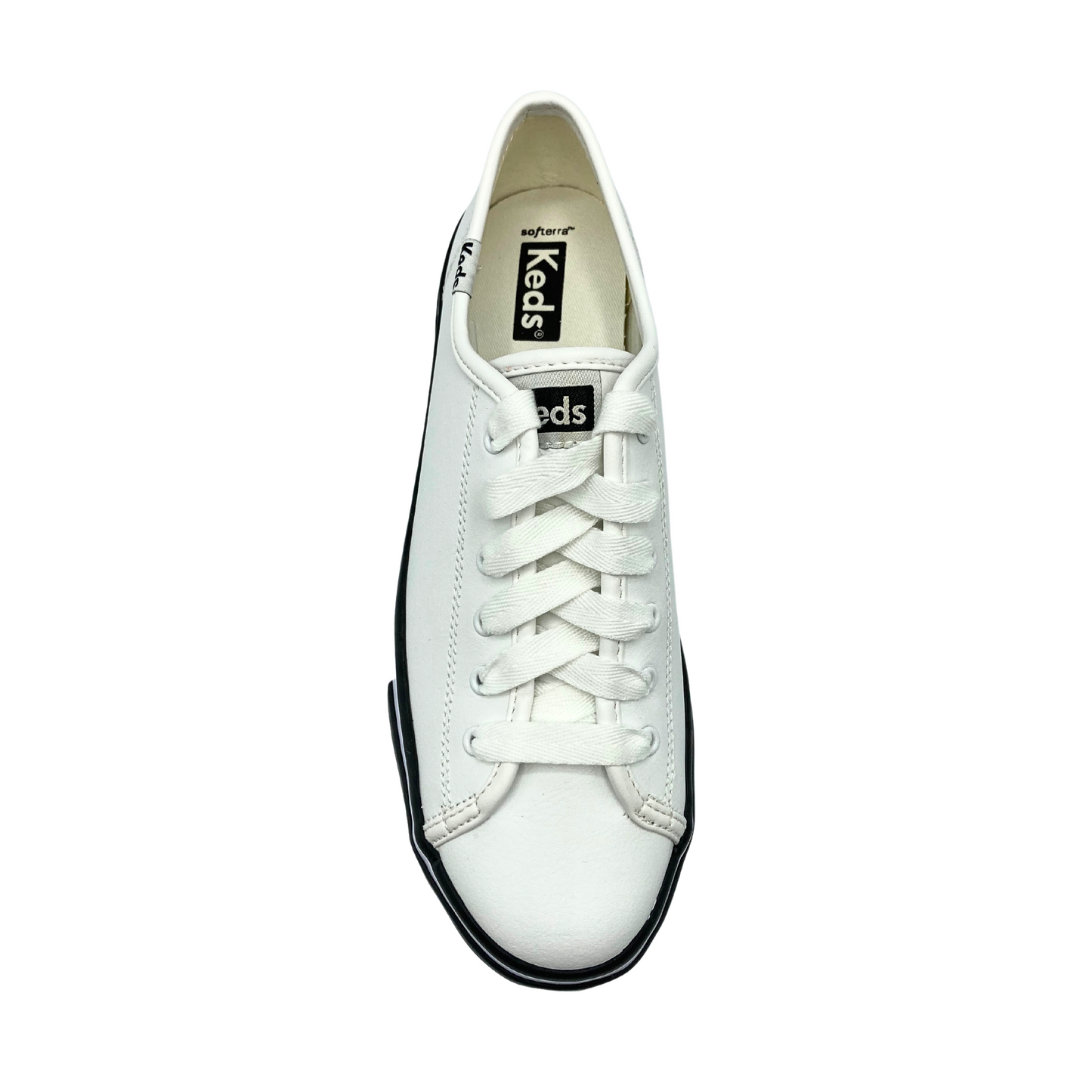 Top down view of a white leather sneaker with white laces.  