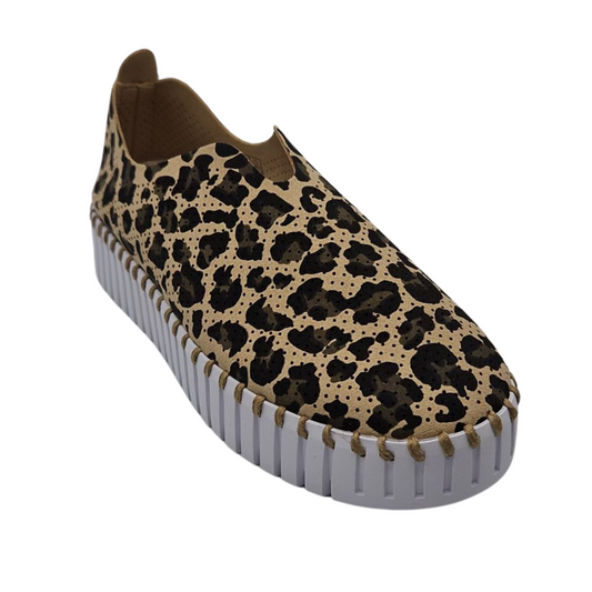 45 degree angled view of leopard print sneaker with perforated microfibre upper and platform white rubber outsole