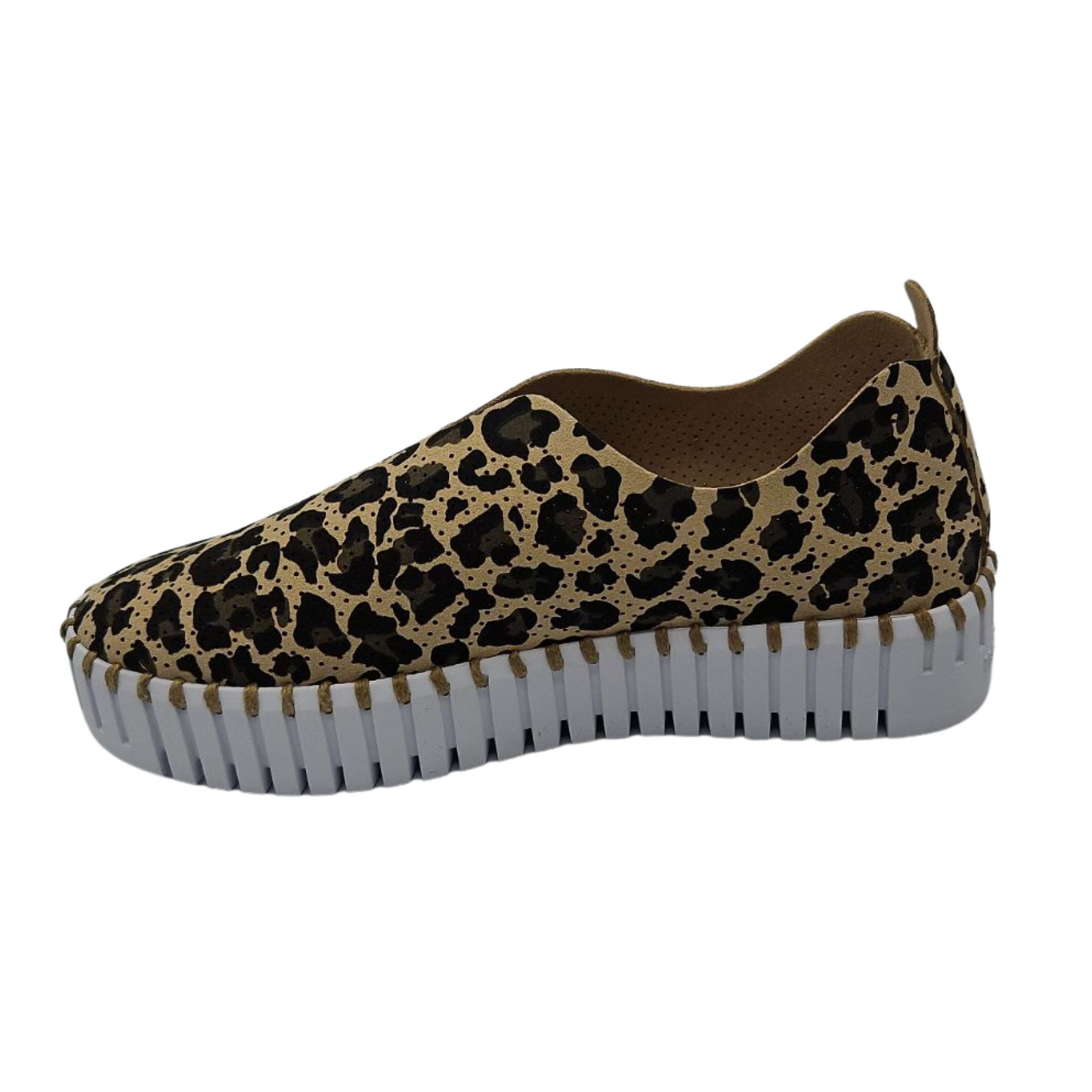 Left facing view of leopard print sneaker with perforated microfibre upper and platform white rubber outsole