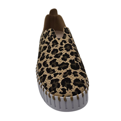 Front facing view of leopard print sneaker with perforated microfibre upper and platform white rubber outsole
