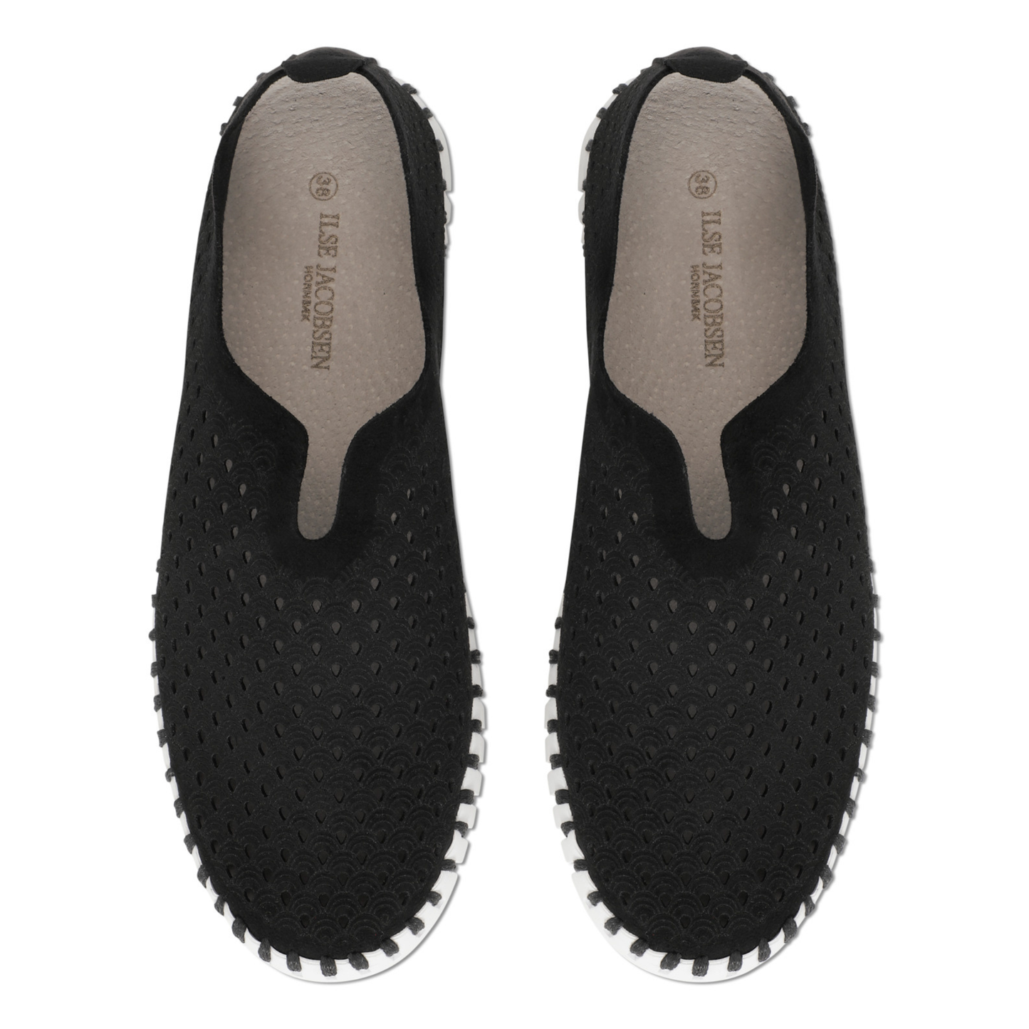 Pair of black slip on shoes with a white outsole