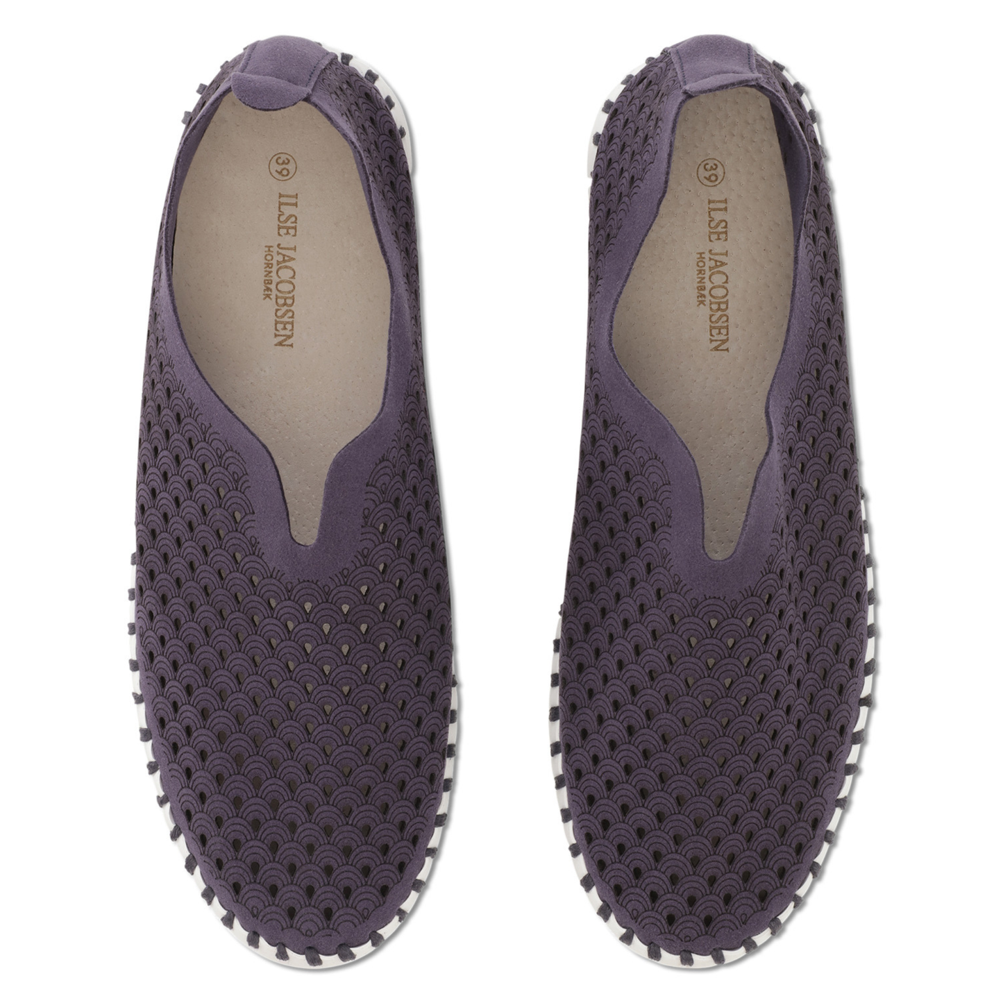 Pair of purple slip-on shoes with a white sole on a white background